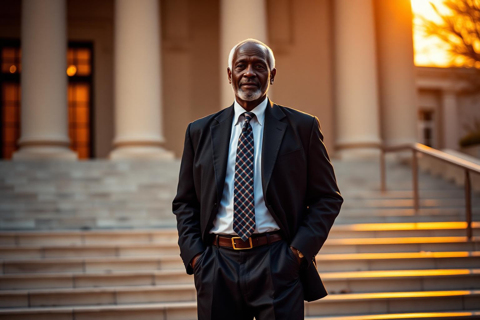 Public servant standing tall on civic steps at sunset