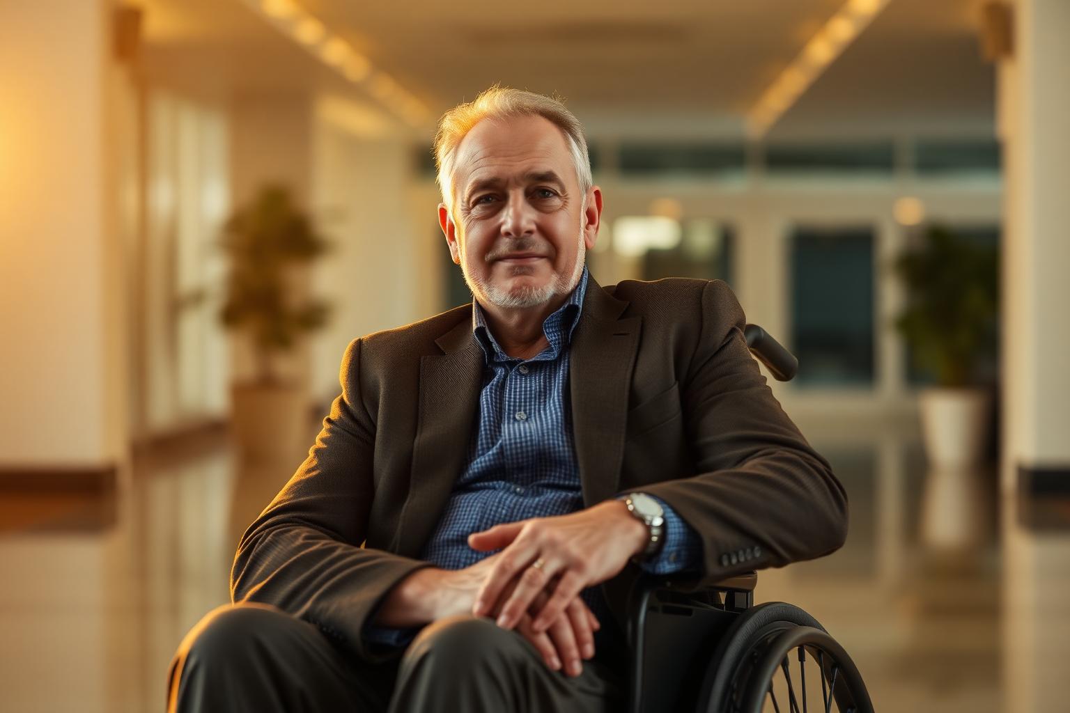 Senior strategist sitting tall in his wheelchair, golden light